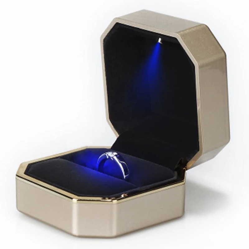 Velvet Ring Box Led Light Proposal - Kotak Cincin Mewah Persegi Beludru, Kotak