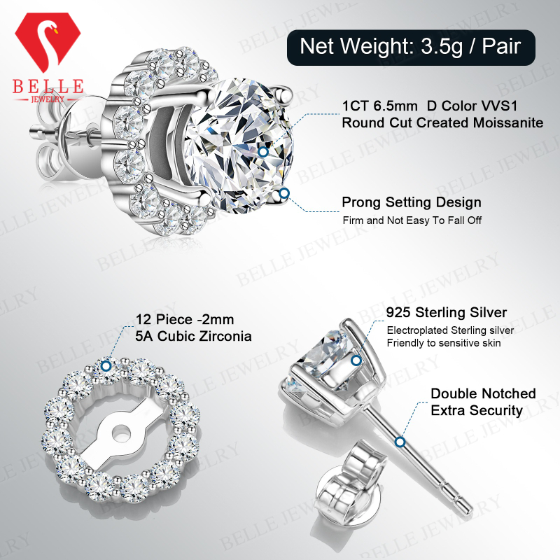 S925 Perak Murni Anting Kancin - Moissanite Stud Earrings Round Cut 1Ct ulasan dan harga